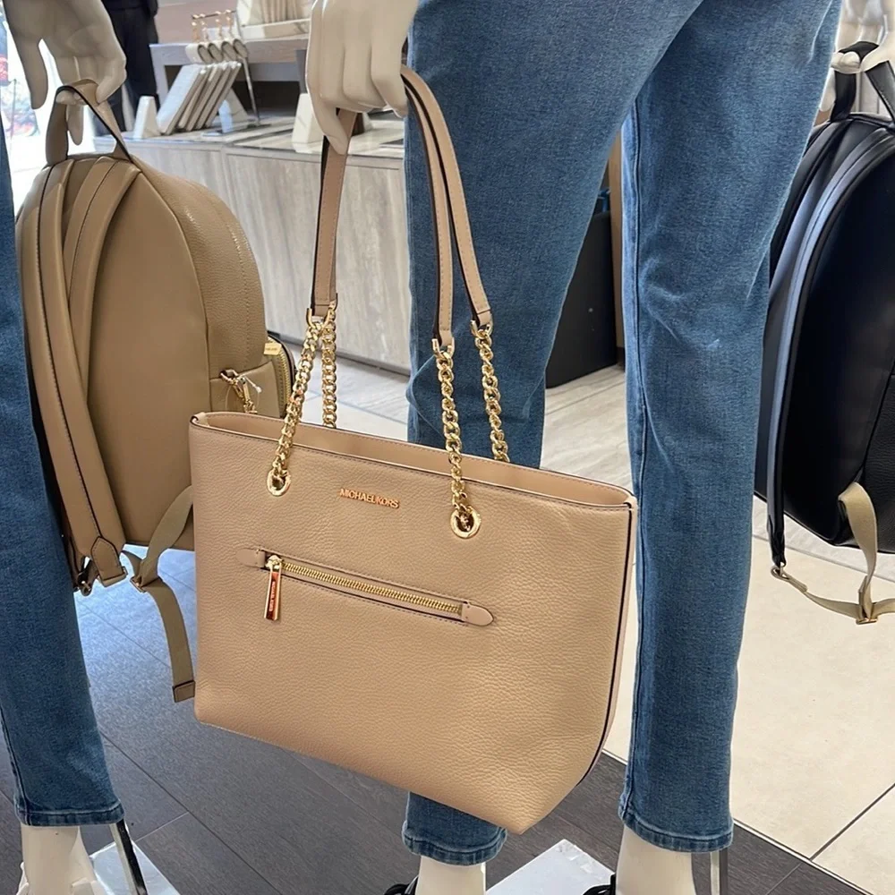 MICHAEL KORS Jet Set Medium Front Zip Pebbled Leather Chain Tote Bag Buff NWT